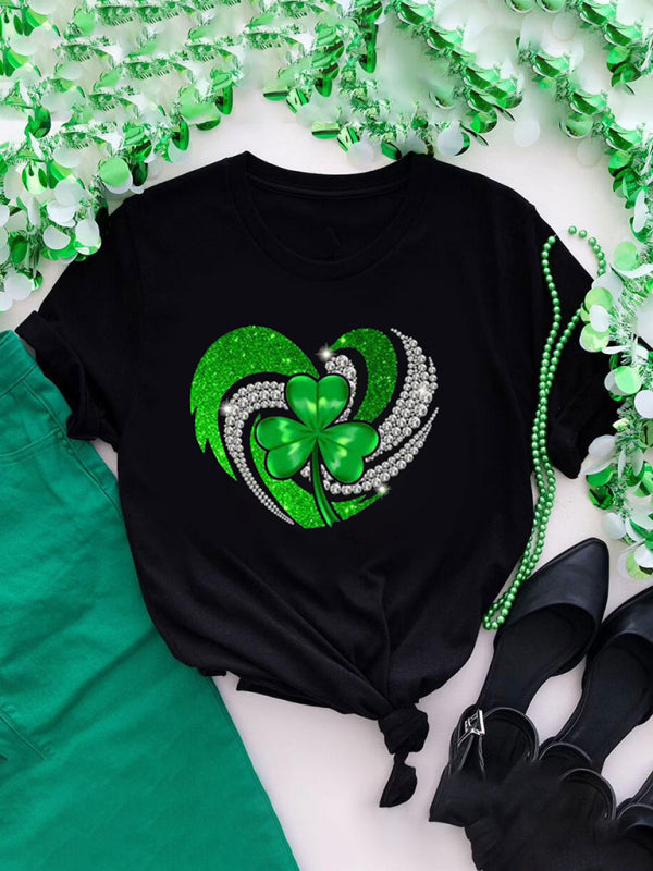 fun green clover print loose pullover short-sleeved T-shirt kakaclo
