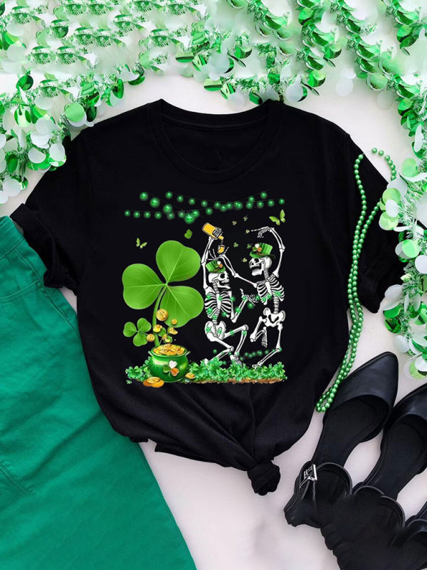 fun green clover print loose pullover short-sleeved T-shirt kakaclo