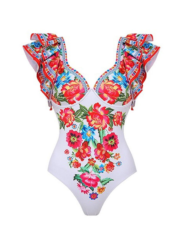 fashion trend sexy floral print one-piece swimsuit, skirt (single piece)-TOPS / DRESSES-[Adult]-[Female]-White-S-2022 Online Blue Zone Planet