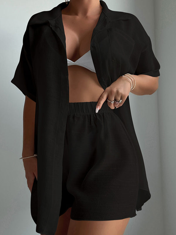 Blue Zone Planet |  Beach vacation loose sun protection clothing swimsuit cover-up short-sleeved shirt set BLUE ZONE PLANET