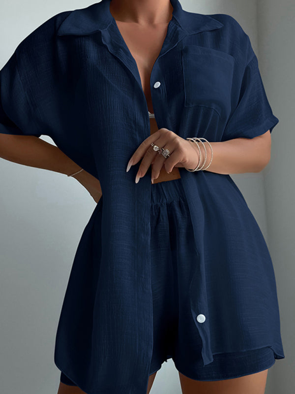 Blue Zone Planet |  Beach vacation loose sun protection clothing swimsuit cover-up short-sleeved shirt set BLUE ZONE PLANET