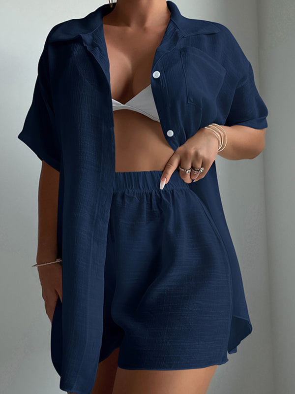 Blue Zone Planet |  Beach vacation loose sun protection clothing swimsuit cover-up short-sleeved shirt set BLUE ZONE PLANET