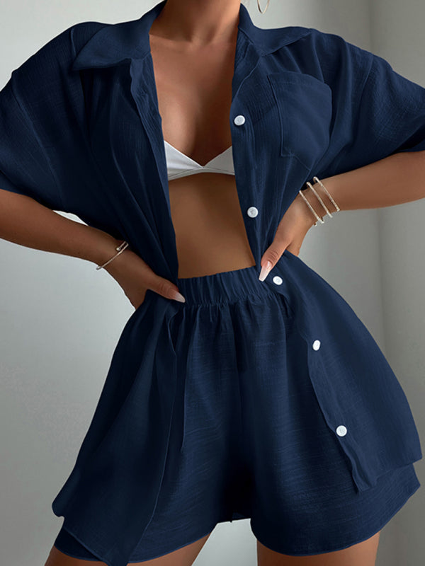 Blue Zone Planet |  Beach vacation loose sun protection clothing swimsuit cover-up short-sleeved shirt set BLUE ZONE PLANET