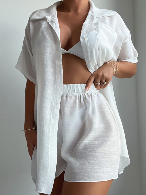 Blue Zone Planet |  Beach vacation loose sun protection clothing swimsuit cover-up short-sleeved shirt set BLUE ZONE PLANET