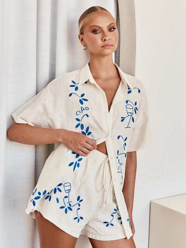 3D embroidered comfortable shirt short suit BLUE ZONE PLANET