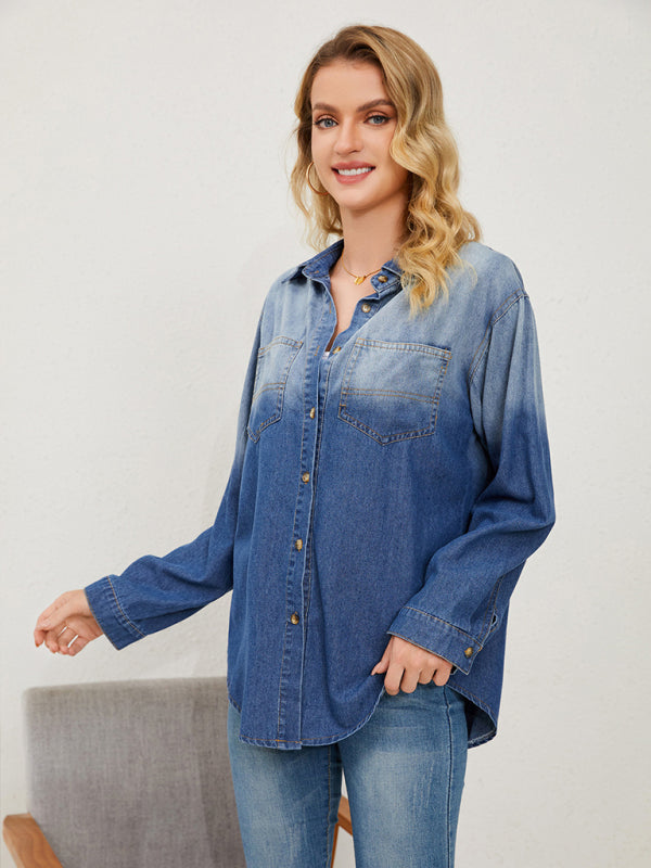 style comfortable lapel gradient single-breasted denim shirt jacket BLUE ZONE PLANET