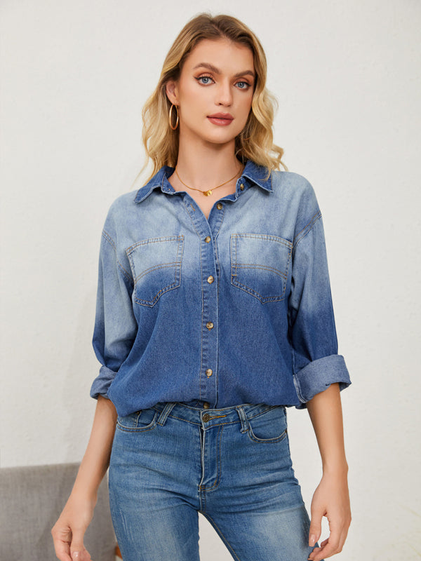 style comfortable lapel gradient single-breasted denim shirt jacket BLUE ZONE PLANET