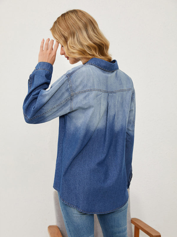style comfortable lapel gradient single-breasted denim shirt jacket BLUE ZONE PLANET