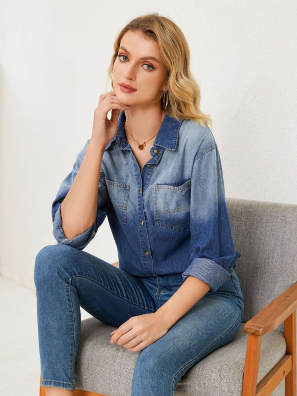 style comfortable lapel gradient single-breasted denim shirt jacket BLUE ZONE PLANET