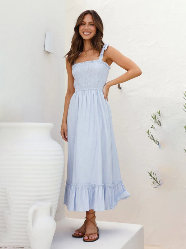 Fresh and sweet simple solid color spaghetti strap dress BLUE ZONE PLANET
