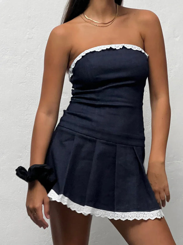 product solid color slim fit tube top sleeveless denim pleated miniskirt BLUE ZONE PLANET