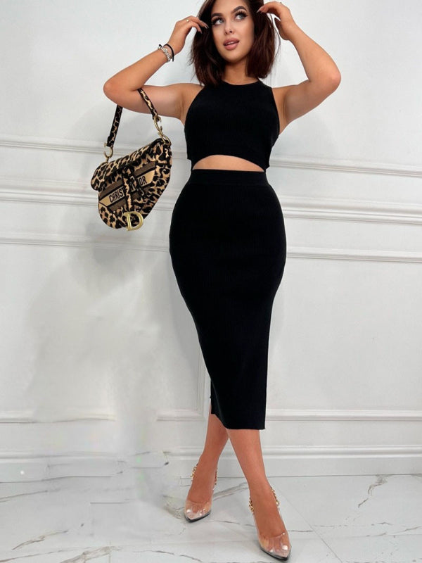 Solid Color Vest Top Slim Fit Slit Skirt Two Piece Set BLUE ZONE PLANET