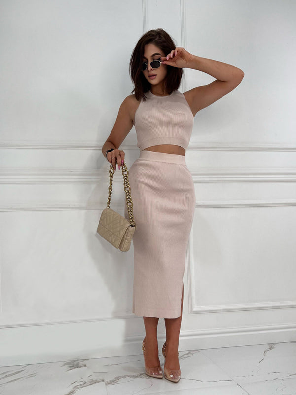 Solid Color Vest Top Slim Fit Slit Skirt Two Piece Set BLUE ZONE PLANET