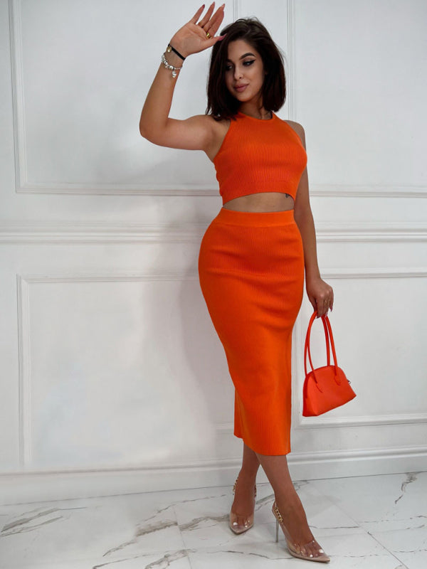 Solid Color Vest Top Slim Fit Slit Skirt Two Piece Set BLUE ZONE PLANET