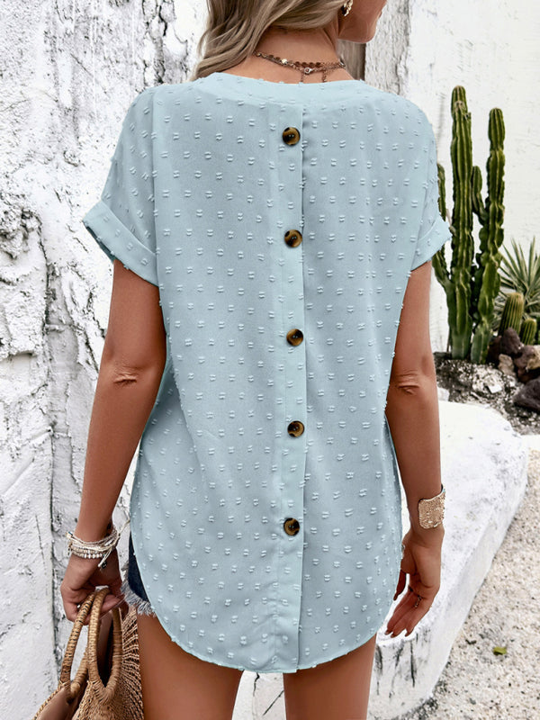 Blue Zone Planet | solid color short-sleeved V-neck jacquard fabric shirt BLUE ZONE PLANET