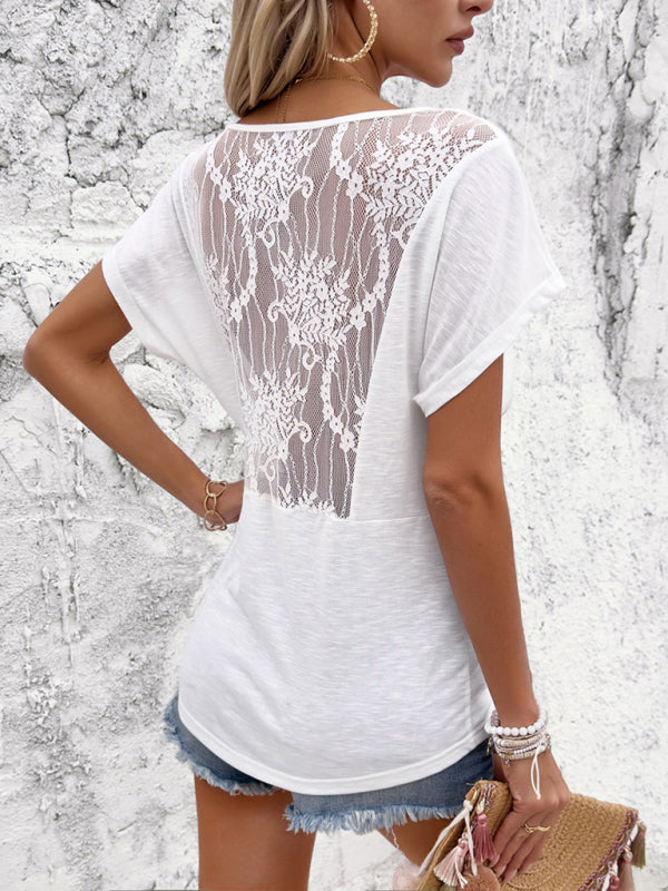 Blue Zone Planet | elegant V-neck pleated patchwork short-sleeved T-shirt top BLUE ZONE PLANET