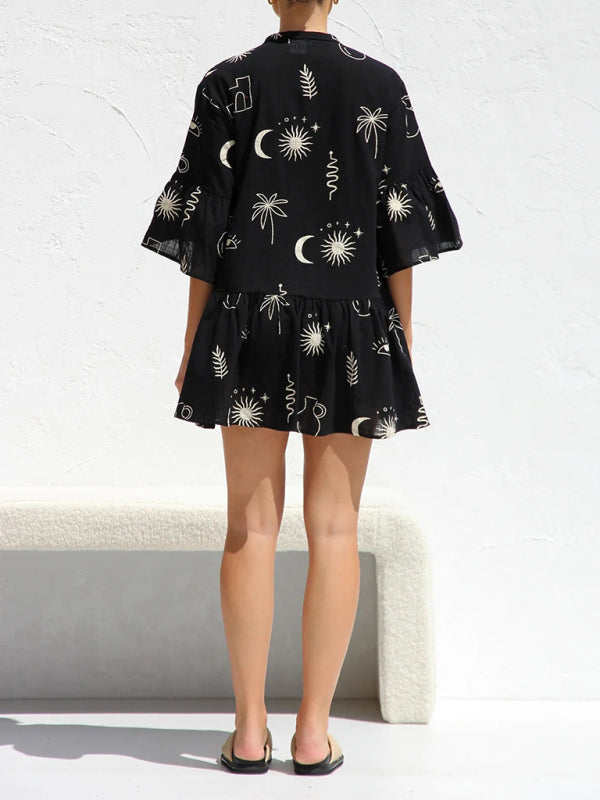 comfortable and simple trumpet sleeve ethnic style loose shirt short dress BLUE ZONE PLANET