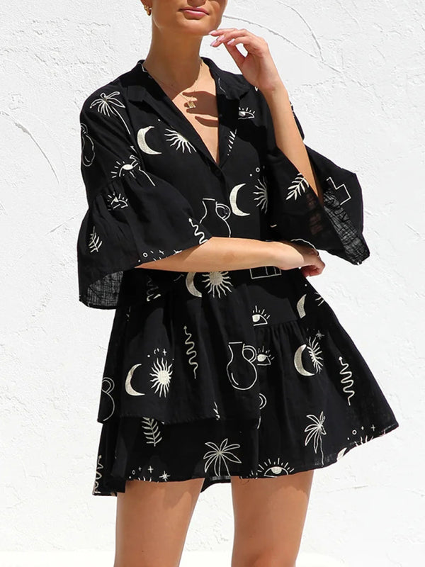 comfortable and simple trumpet sleeve ethnic style loose shirt short dress BLUE ZONE PLANET