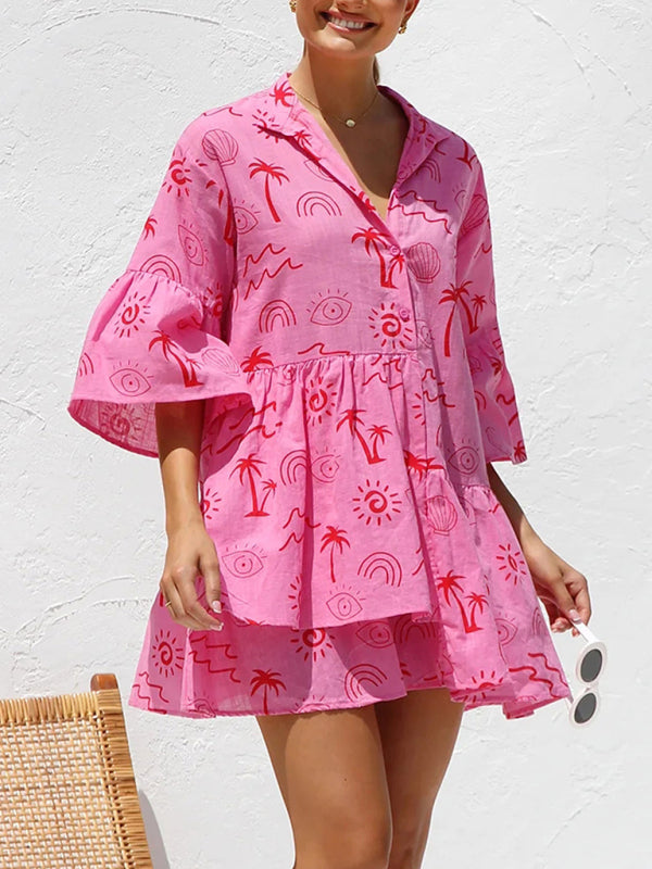 comfortable and simple trumpet sleeve ethnic style loose shirt short dress BLUE ZONE PLANET