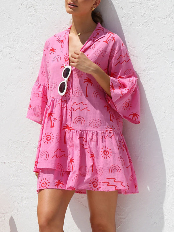 comfortable and simple trumpet sleeve ethnic style loose shirt short dress BLUE ZONE PLANET