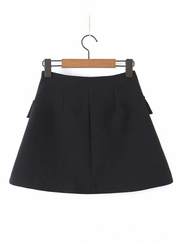 diagonal button short blazer + high waist pocket skirt suit BLUE ZONE PLANET
