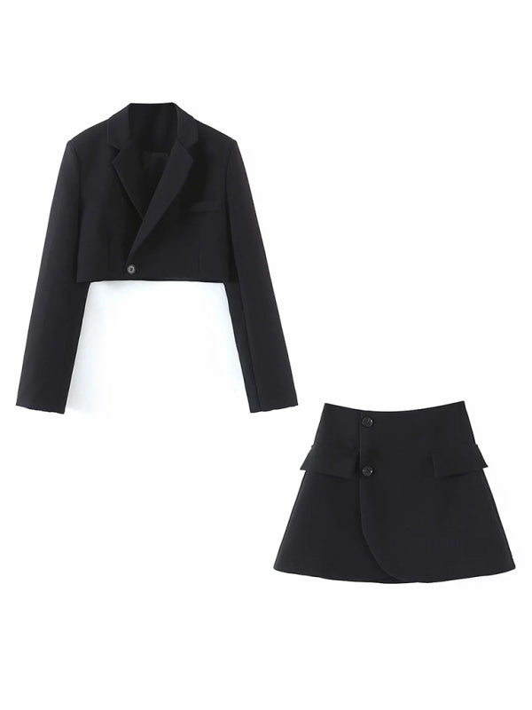 diagonal button short blazer + high waist pocket skirt suit BLUE ZONE PLANET