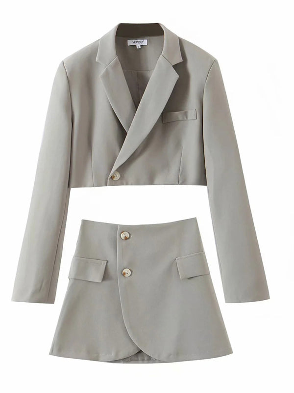 diagonal button short blazer + high waist pocket skirt suit BLUE ZONE PLANET