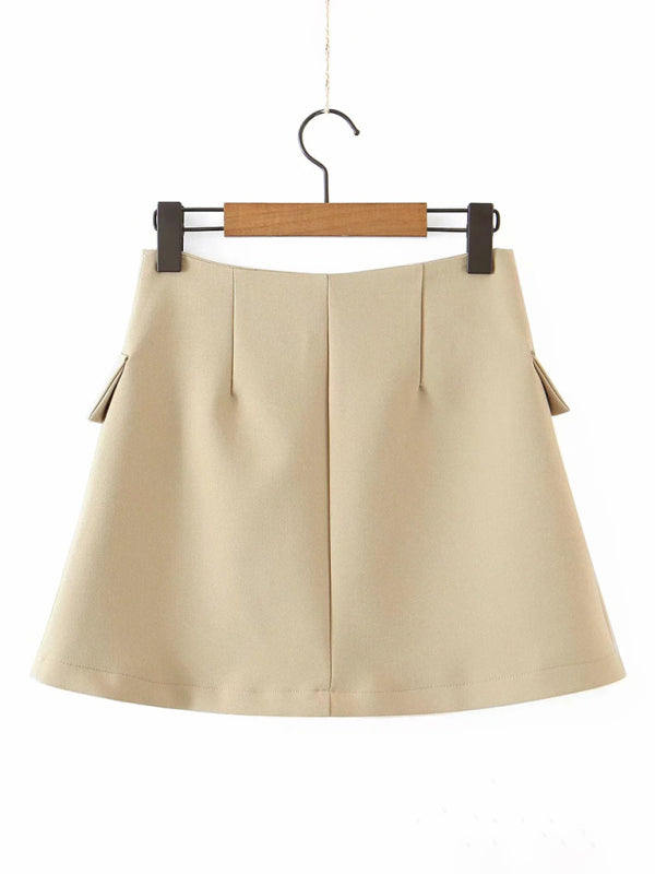 diagonal button short blazer + high waist pocket skirt suit BLUE ZONE PLANET