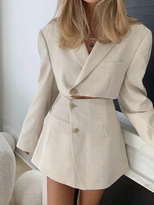 diagonal button short blazer + high waist pocket skirt suit BLUE ZONE PLANET
