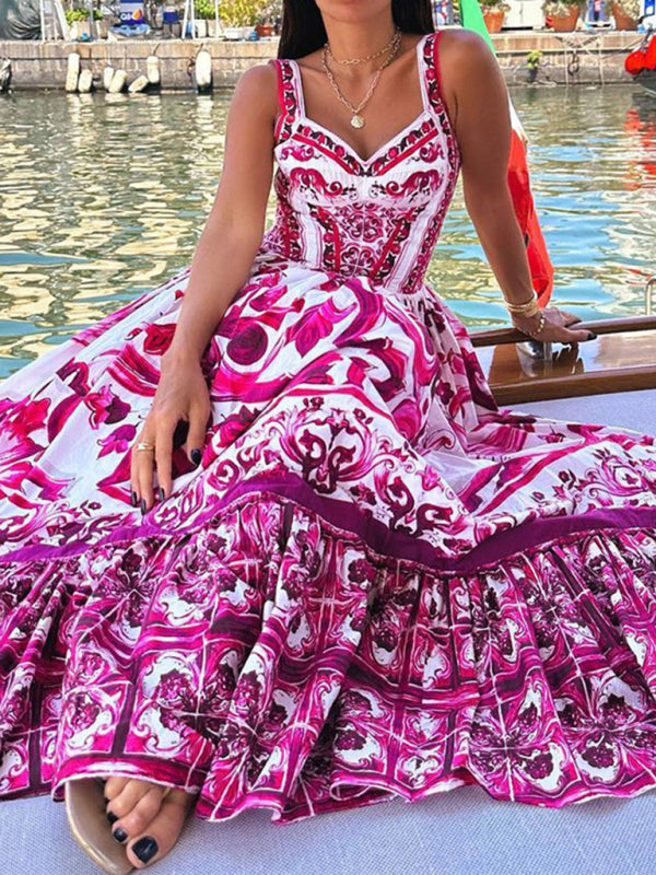 Stylish Printed Sleeveless Sleeveless Waist Swing Dress BLUE ZONE PLANET