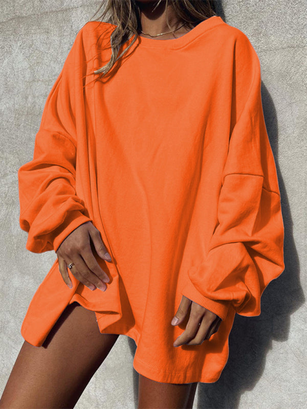 Fashion Solid Color Loose Long Sleeve Round Neck Long Sweatshirt kakaclo