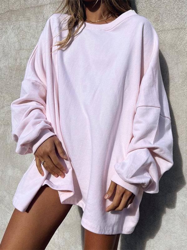 Fashion Solid Color Loose Long Sleeve Round Neck Long Sweatshirt kakaclo