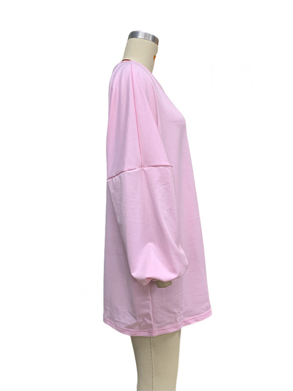 Fashion Solid Color Loose Long Sleeve Round Neck Long Sweatshirt kakaclo