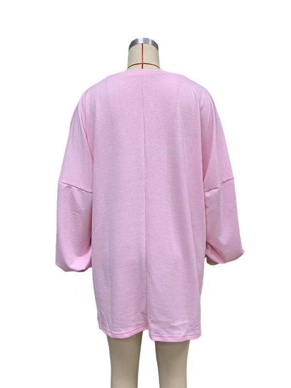 Fashion Solid Color Loose Long Sleeve Round Neck Long Sweatshirt kakaclo