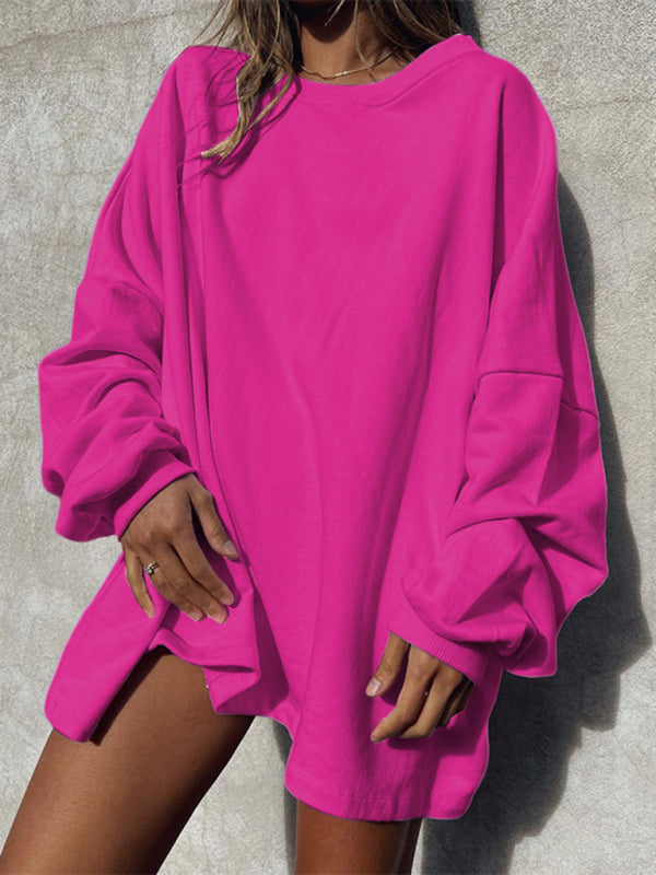 Fashion Solid Color Loose Long Sleeve Round Neck Long Sweatshirt kakaclo