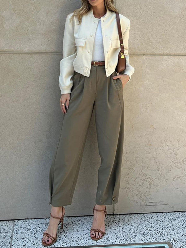 Blue Zone Planet | able Solid Color Loose High Waist Nine-Point Suit Pants BLUE ZONE PLANET