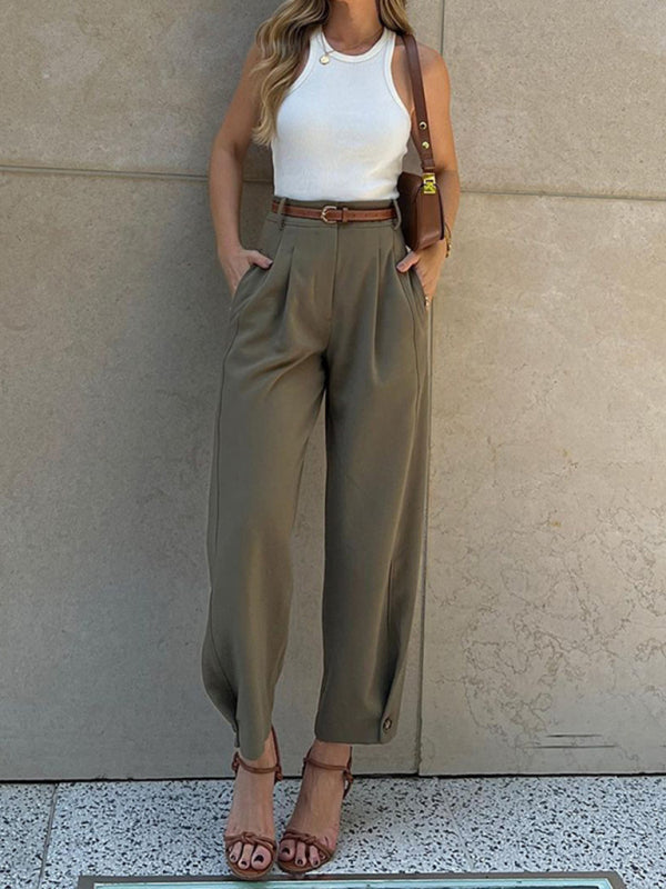 Blue Zone Planet | able Solid Color Loose High Waist Nine-Point Suit Pants BLUE ZONE PLANET