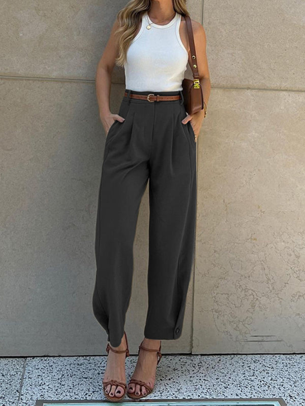 Blue Zone Planet | able Solid Color Loose High Waist Nine-Point Suit Pants BLUE ZONE PLANET