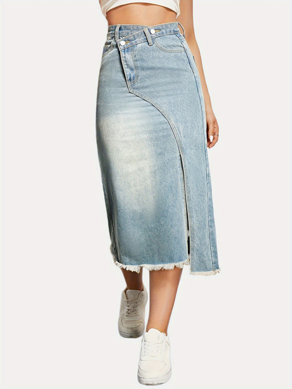 Blue Zone Planet | Versatile American retro denim slit splicing mid-length a-line skirt BLUE ZONE PLANET