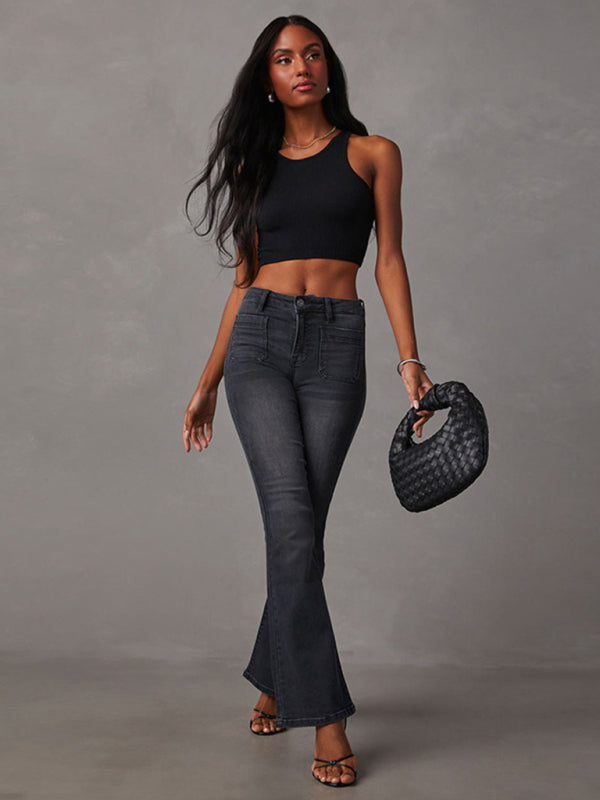 Blue Zone Planet | Retro Washed High Waist Slimming Stretch Micro Flared Jeans BLUE ZONE PLANET