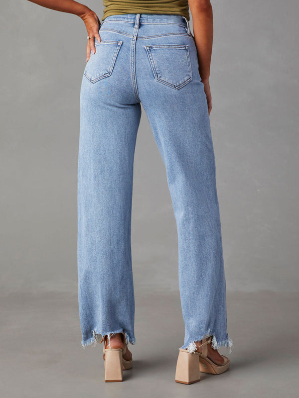 Blue Zone Planet | Ladies Loose Simple Tassel Straight Jeans BLUE ZONE PLANET