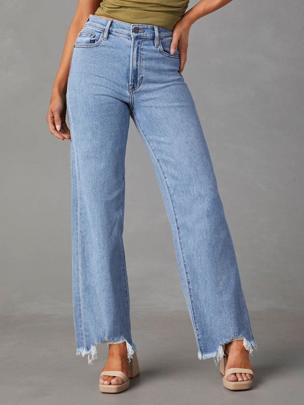 Blue Zone Planet | Ladies Loose Simple Tassel Straight Jeans BLUE ZONE PLANET