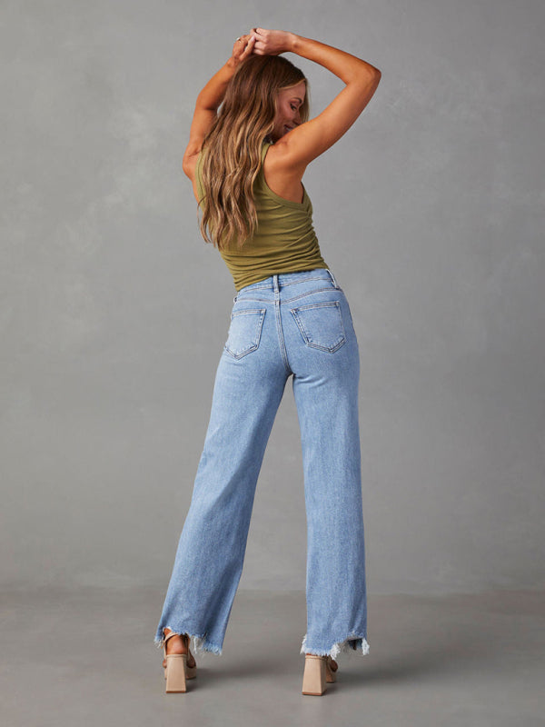 Blue Zone Planet | Ladies Loose Simple Tassel Straight Jeans BLUE ZONE PLANET
