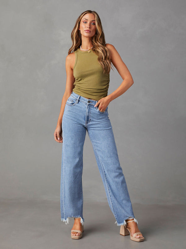 Blue Zone Planet | Ladies Loose Simple Tassel Straight Jeans BLUE ZONE PLANET