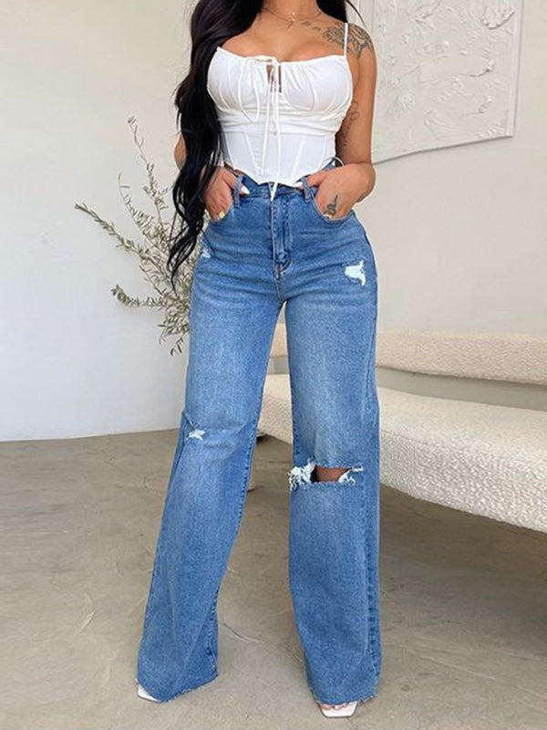 Blue Zone Planet | long high waist ripped raw edge comfortable wide leg jeans BLUE ZONE PLANET