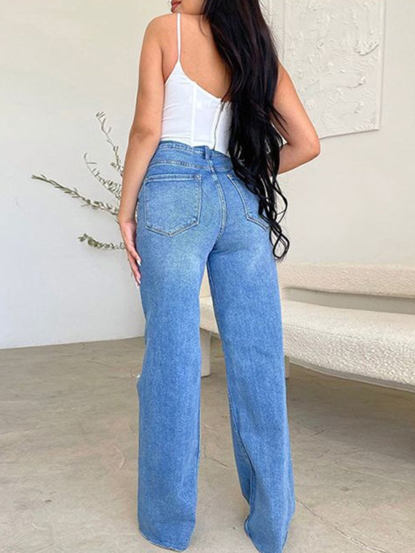 Blue Zone Planet | long high waist ripped raw edge comfortable wide leg jeans BLUE ZONE PLANET