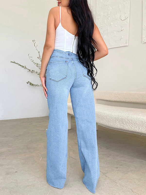 Blue Zone Planet | long high waist ripped raw edge comfortable wide leg jeans BLUE ZONE PLANET