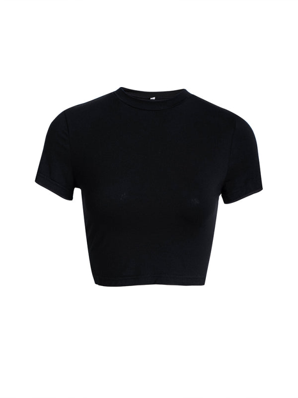 Y2K solid color slim fit cropped short-sleeved top BLUE ZONE PLANET