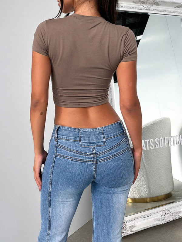 Y2K solid color slim fit cropped short-sleeved top BLUE ZONE PLANET