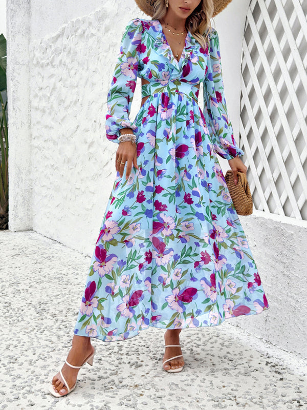 V-neck ruffled waist hollow holiday casual printed dress kakaclo